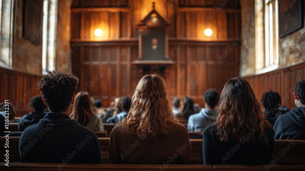 Students Attend Lecture In A Wooden Hall Students Attend Lecture In A Wooden Hall