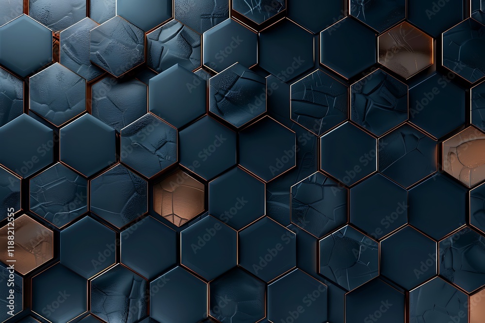 Dark blue and copper hexagonal tiles in a 3D rendering. Modern abstract wallpaper design with a metallic texture.