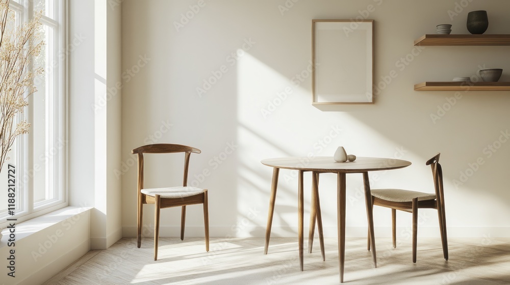 Fototapeta premium Minimalist Dining Room with Wooden Table and Chairs