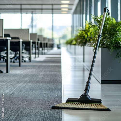 Wallpaper Mural Modern Office Cleaning Broom Resting on Polished Floor, Clean Workspace, Neat Office, Commercial Cleaning Supplies, Business Environment Torontodigital.ca