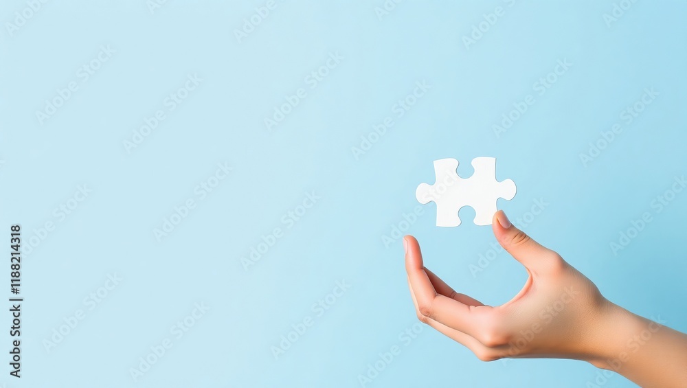 A hand holds a single white puzzle piece A hand holds a single white puzzle piece