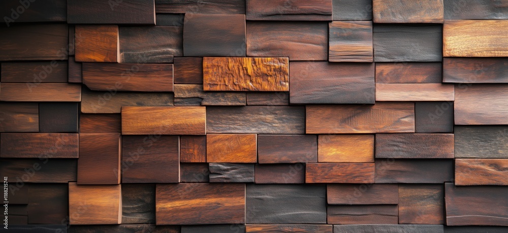 Wooden wall art featuring various shades and textures of wood blocks arranged in a mosaic pattern, copy space for text Wooden wall art featuring various shades and textures of wood blocks arranged in a mosaic pattern, copy space for text