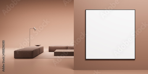 Fototapeta Naklejka Na Ścianę i Meble -  Minimalist mockup with a blank framed poster on brown wall and modern furniture in neutral tones. 3D Rendering