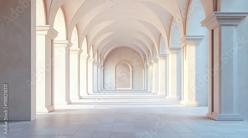 Sunlit arched hallway with columns and high ceilings.