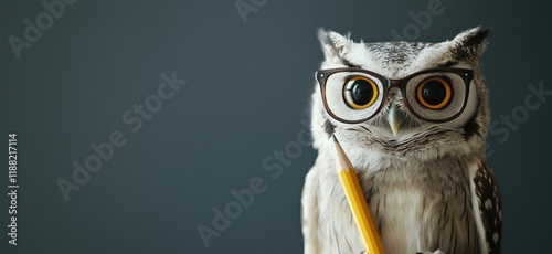 Owl wearing glasses holding pencil, showcasing intelligence and wisdom, perfect for educational themes and creative projects, copy space for text photo