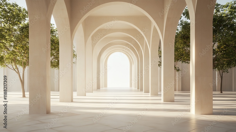 Fototapeta premium Sunlit arcade with trees, arches, columns, pathway.