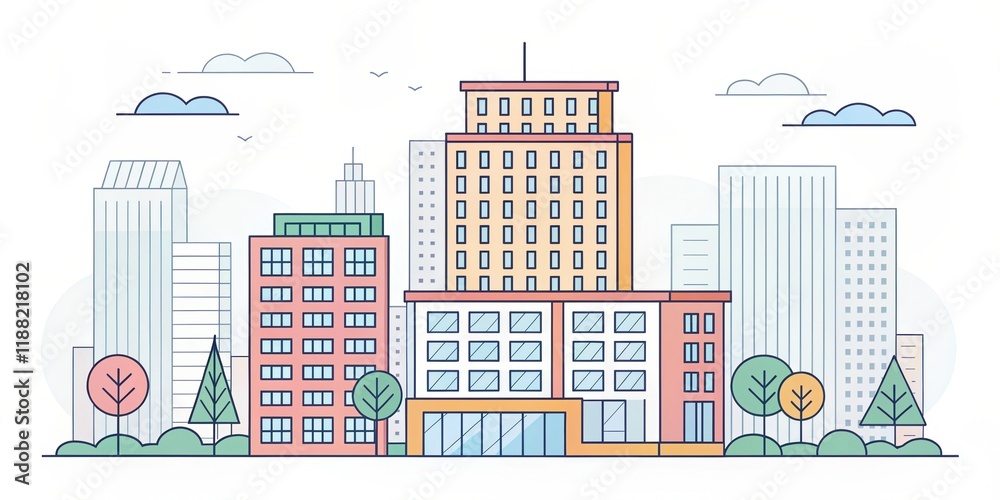 Obraz premium cute office building with city scape, illustration background
