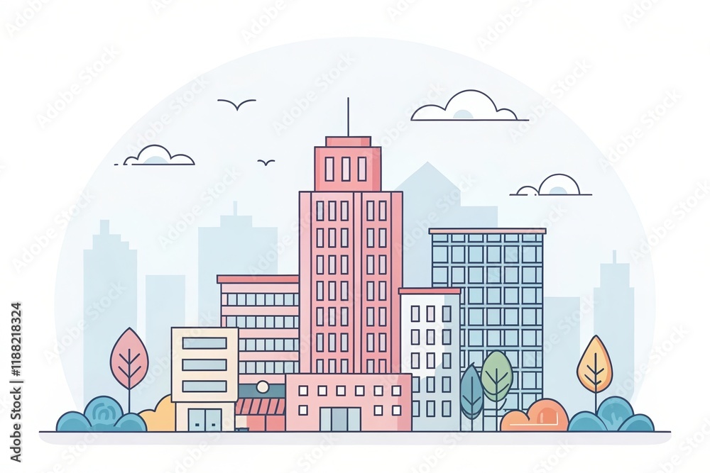 Obraz premium cute office building with city scape, illustration background