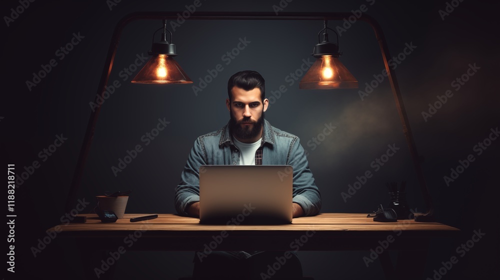 Man working at a desk with a laptop, studio lighting setup, light background with space in the middle,generative ai illustration Man working at a desk with a laptop, studio lighting setup, light background with space in the middle,generative ai illustration