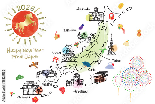 日本の観光地のイラストマップ年賀状2026年