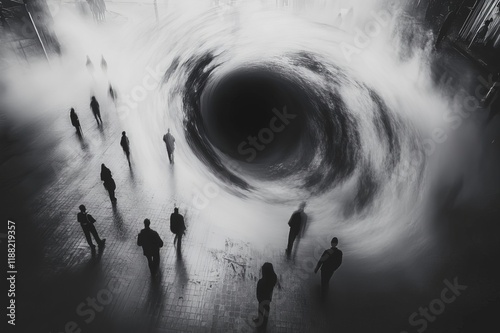 Dark vortex surrounded by silhouettes in an eerie atmosphere at night photo