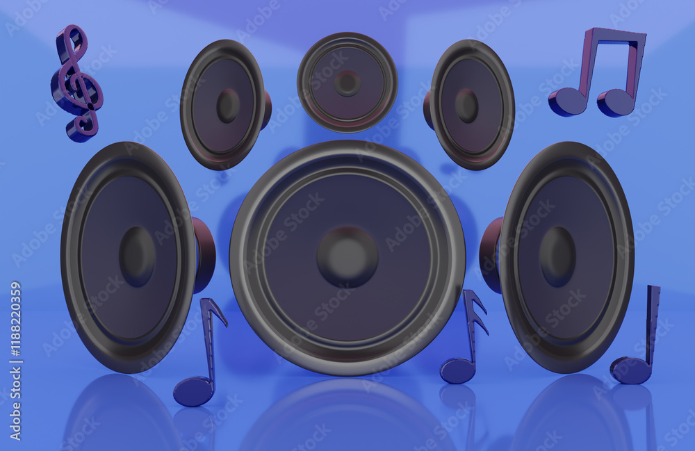 Artistic 3d speakers in a modern room filled with musical notes on a glossy blue background Artistic 3d speakers in a modern room filled with musical notes on a glossy blue background