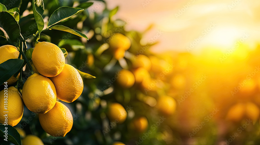 A vibrant lemon orchard bathed in golden sunlight, showcasing ripe lemons hanging from lush green branches. A vibrant lemon orchard bathed in golden sunlight, showcasing ripe lemons hanging from lush green branches.