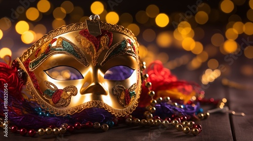 Mardi Gras mask and beads with gold confetti, golden hour lighting, light background with space on the left side of the frame,generative ai illustration