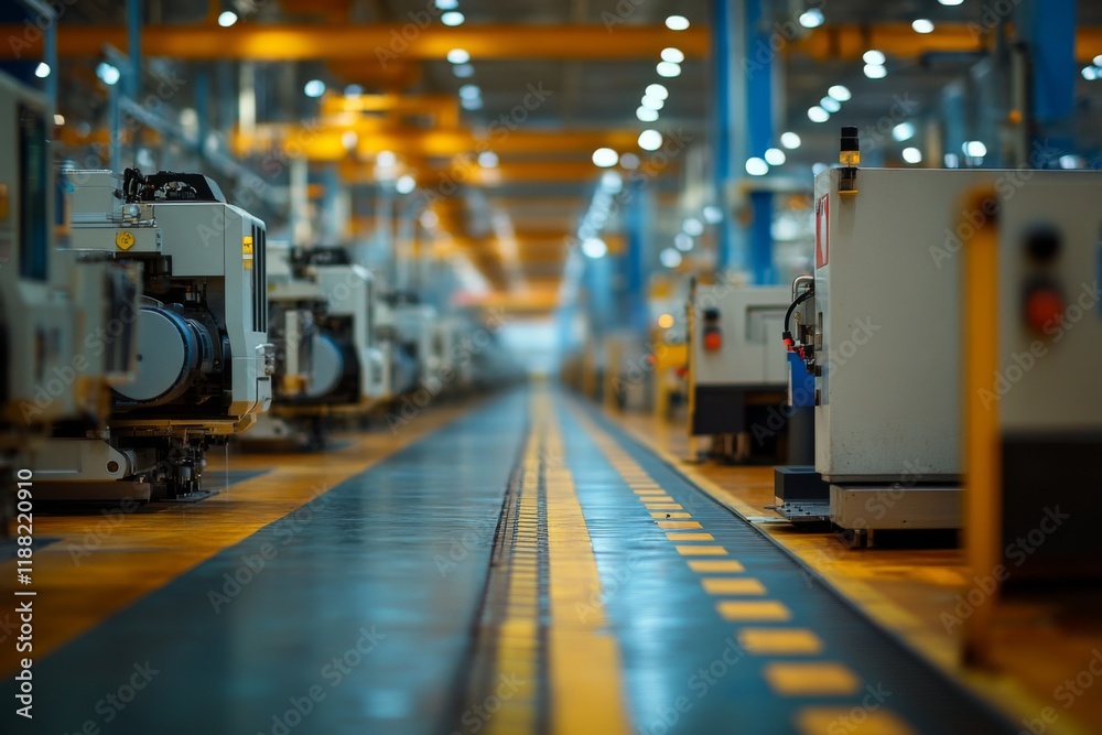 Fototapeta premium Empty warehouse interior with a long aisle and glowing lights