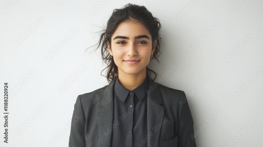 Smiling young Middle Eastern businesswoman in a suit stands against a white background. Smiling young Middle Eastern businesswoman in a suit stands against a white background.