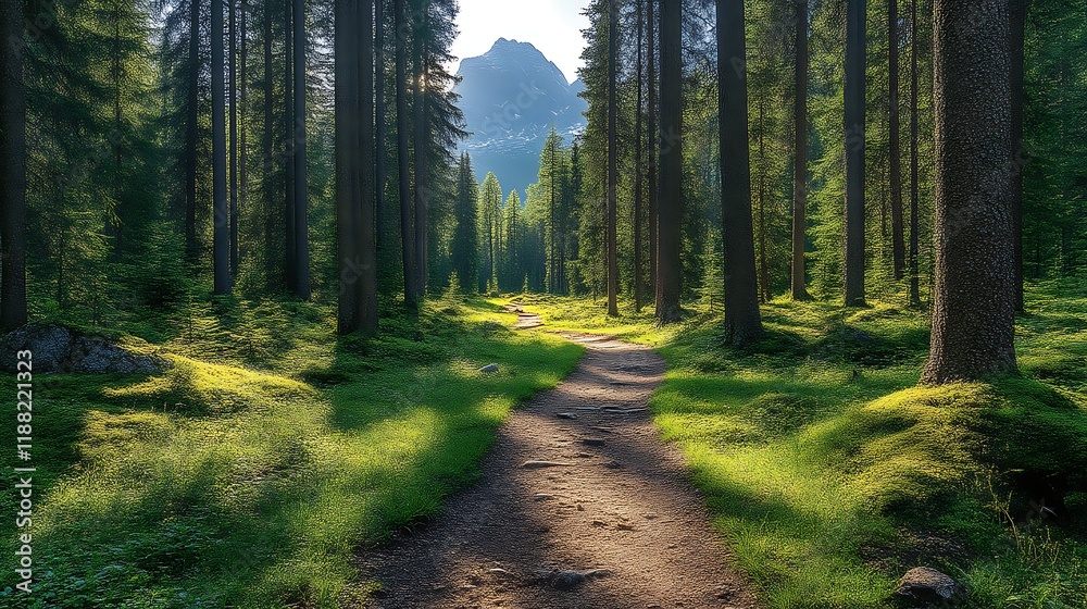 Fototapeta premium Sunlit Forest Path Leading to Majestic Mountain