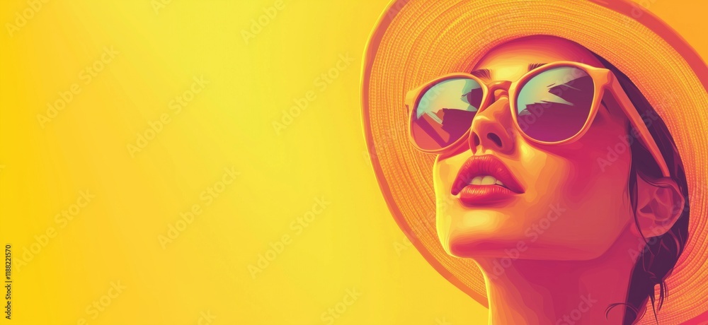 Stylish woman in sunglasses and sunhat against vibrant yellow background, exuding confidence and summer vibes, copy space for text Stylish woman in sunglasses and sunhat against vibrant yellow background, exuding confidence and summer vibes, copy space for text