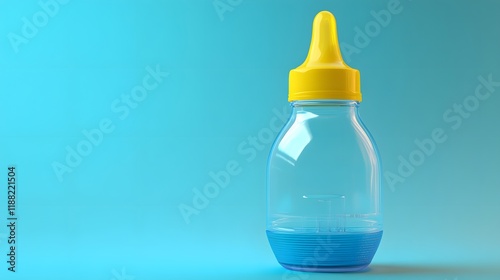 Clear Baby Bottle with Yellow Cap and Blue Bottom on Aqua Background photo