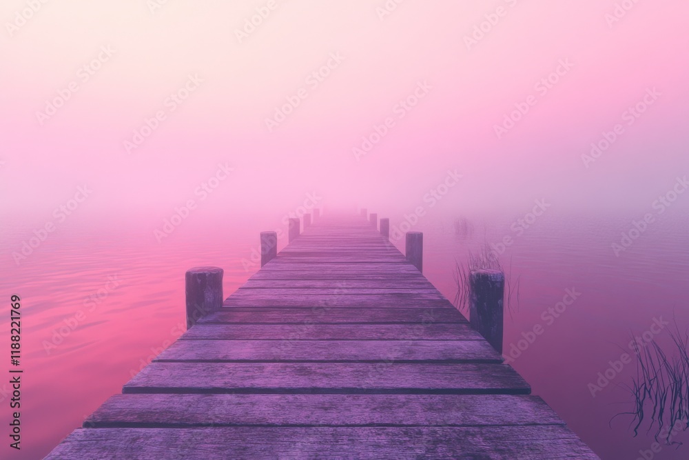 Misty sunrise over a calm lake with a wooden pier Misty sunrise over a calm lake with a wooden pier