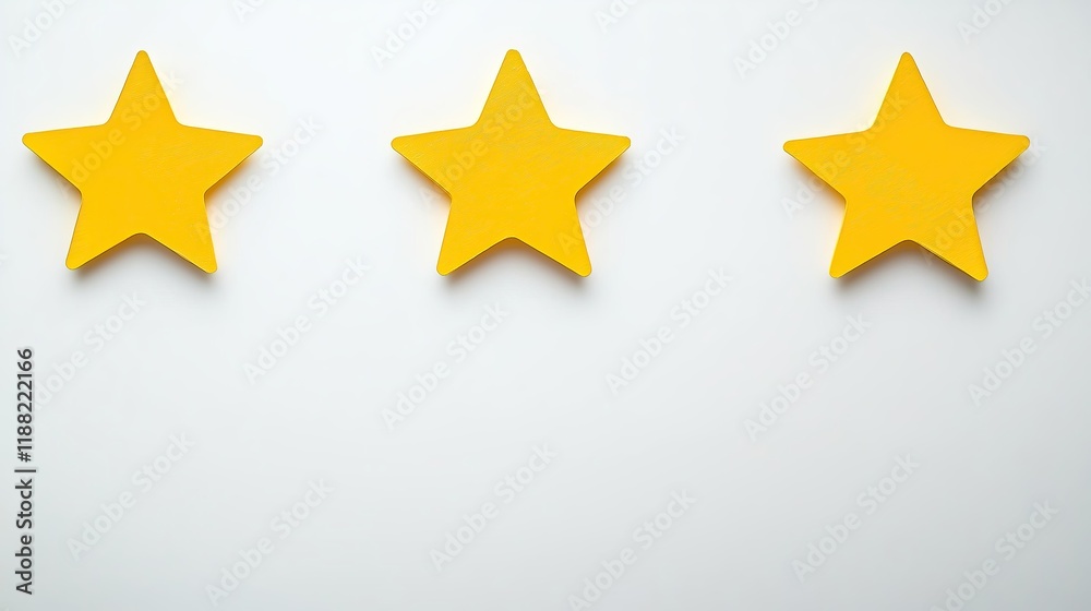 Fototapeta premium Three yellow stars on a white background, top view, with copy space for a customer review. Quality service award