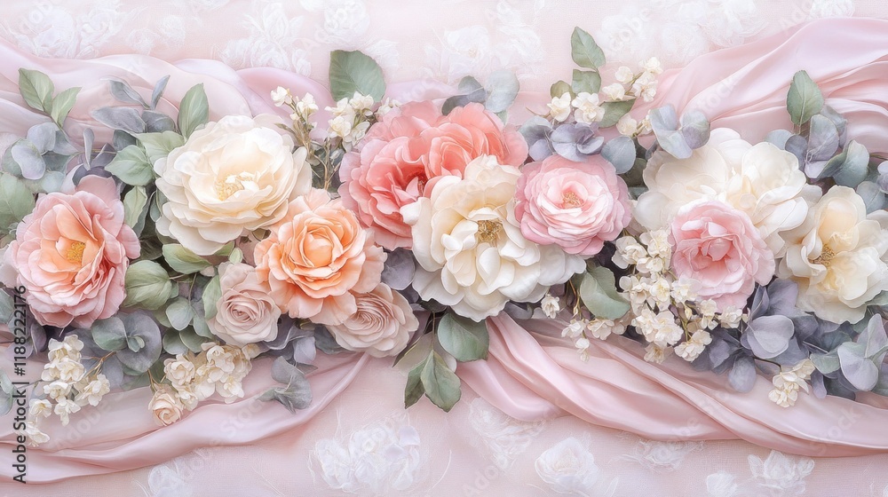 Obraz premium Elegant Pastel Roses on Pink Silk Drape: A Floral Masterpiece
