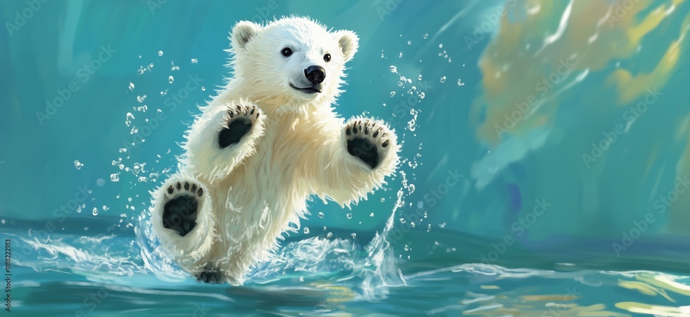 Playful polar bear splashing in water, showcasing joyful expression and fluffy white fur, surrounded by vibrant blue background, copy space for text Playful polar bear splashing in water, showcasing joyful expression and fluffy white fur, surrounded by vibrant blue background, copy space for text
