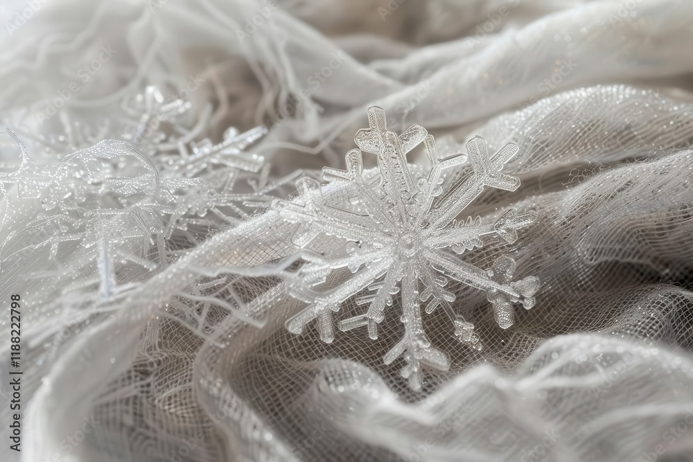 A close-up of intricate snowflake decorations on soft, textured fabric. A close-up of intricate snowflake decorations on soft, textured fabric.