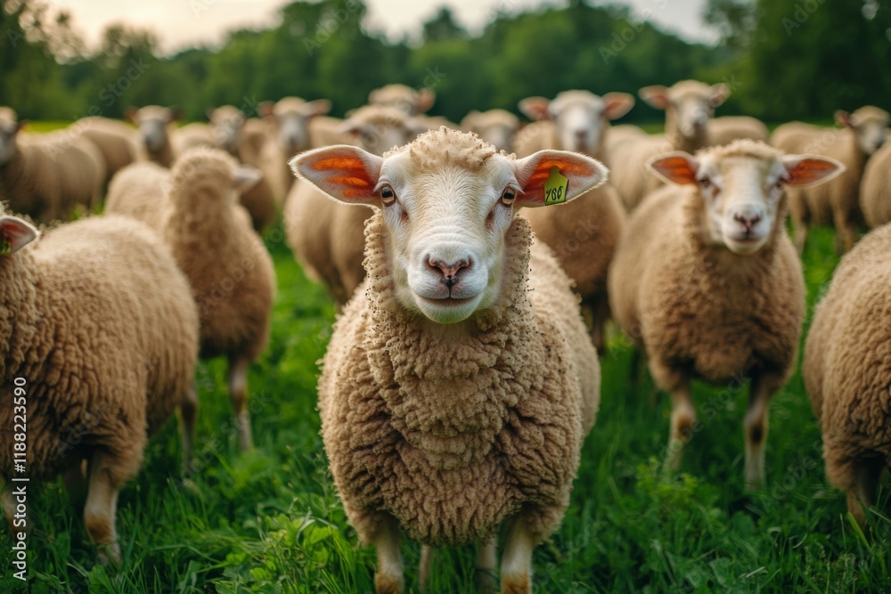 Obraz premium Sheep grazing on a lush green field in the countryside