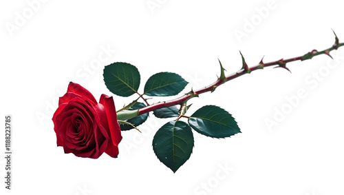 This image presents a dramatic close-up of a single, deep red rose, its velvety petals richly colored and elegantly unfurled.