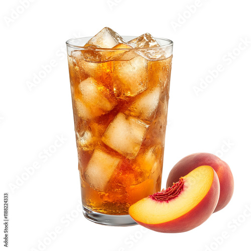 Extreme front view of a perfect looking Peach Vodka Iced Tea drink isolated on a white transparent background