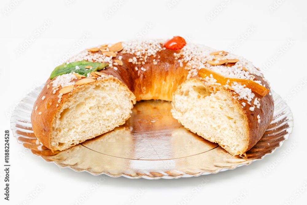 View of the Spanish dessert called Roscon de Reyes, which is typical in Spain on January 6th View of the Spanish dessert called Roscon de Reyes, which is typical in Spain on January 6th