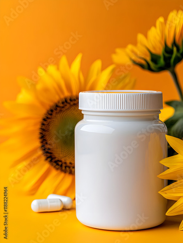 A white pill bottle surrounded by sunflowers on a vibrant orange background.
