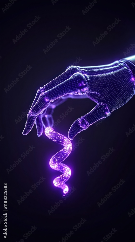 Futuristic robotic hand manipulating a glowing, swirling energy ribbon. Futuristic robotic hand manipulating a glowing, swirling energy ribbon.