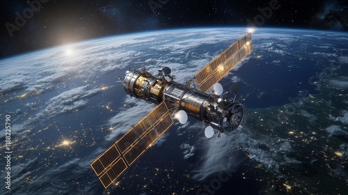 Wallpaper Mural Satellite orbiting earth with sunlight reflections and visible city lights Torontodigital.ca