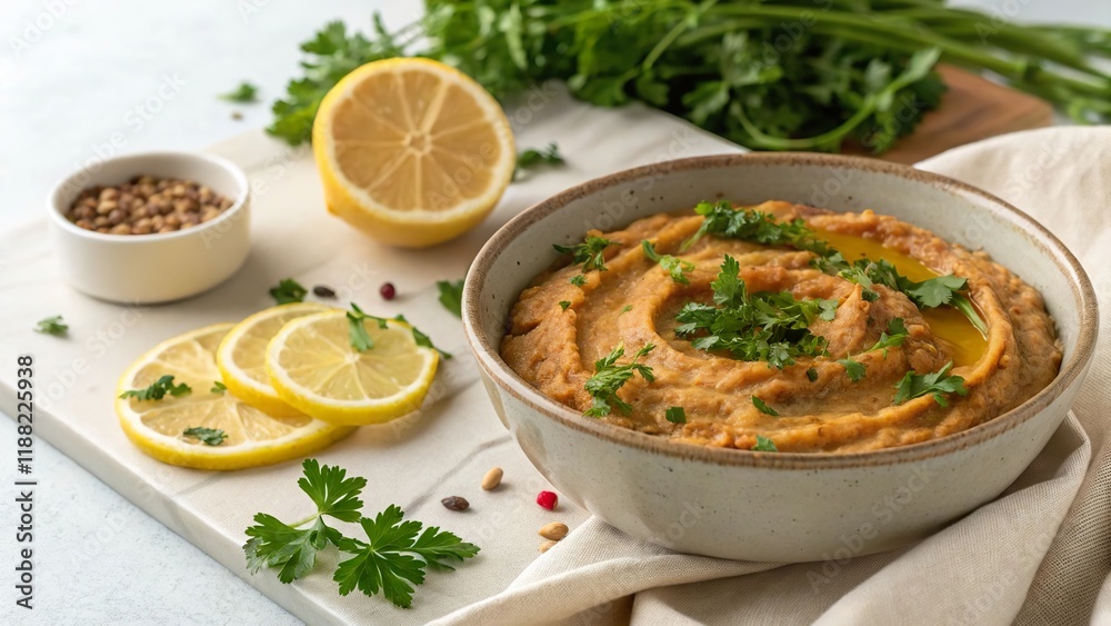Bessara served with fresh herbs and lemon slices in an inviting culinary setting Bessara served with fresh herbs and lemon slices in an inviting culinary setting