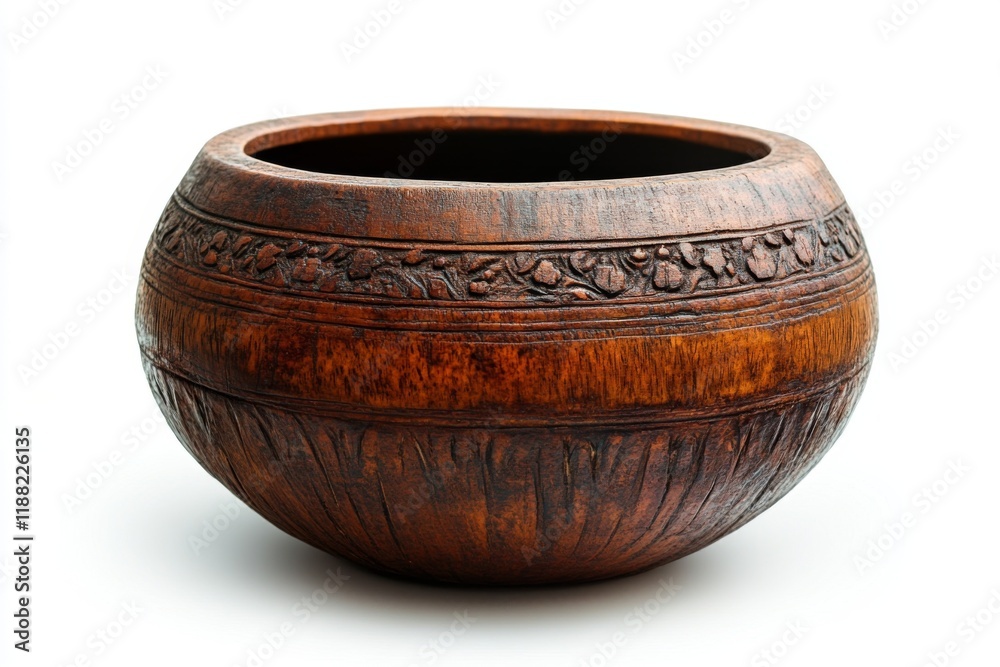 Handcrafted terracotta pot with intricate design on table Handcrafted terracotta pot with intricate design on table
