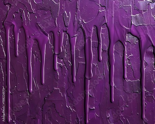 Dripping paint effect on a textured purple wall, providing a vibrant abstract background for design projects. photo