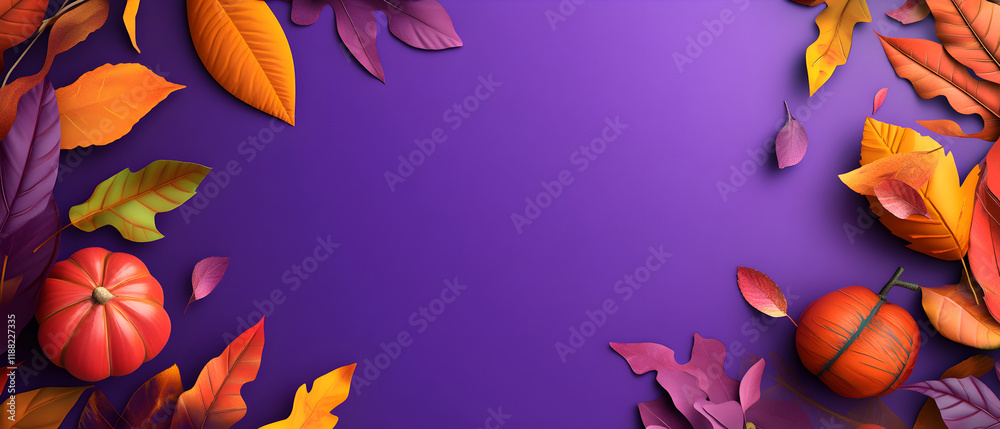 A vibrant autumn-themed background with colorful leaves and pumpkins on a purple backdrop. A vibrant autumn-themed background with colorful leaves and pumpkins on a purple backdrop.
