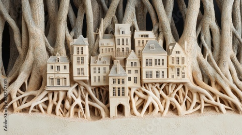 Surreal Village Embedded in Intricate Tree Root Structure photo