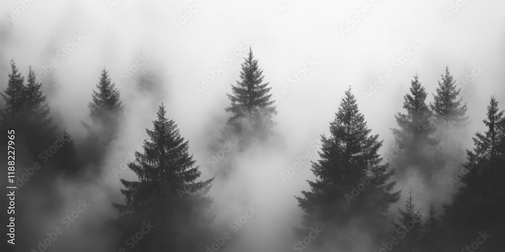 Fototapeta premium Foggy pine forest with sunlight breaking through the mist