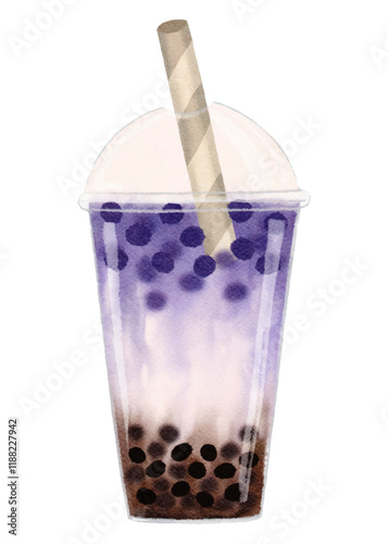 Bubble Tea Taro with Ice,tapioca pearls in a clear plastic cup with an straw isolated,Watercolor hand paint boba milk tea,Vector cold drink for summers refreshment