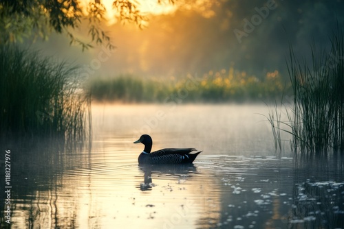 Duck swimming in a serene lake at sunrise photo