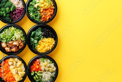 Colorful meal prep bowls with fresh vegetables and proteins on a bright yellow background. photo