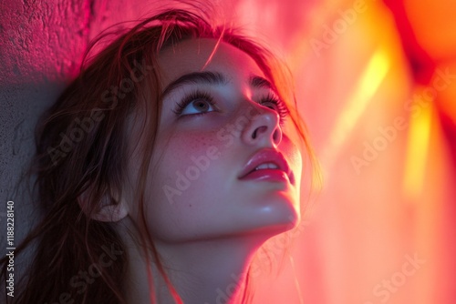 Portrait of a girl looking up in neon lighting at night photo