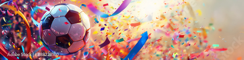 Ballon de football entouré de confettis colorés en mouvement dans une ambiance festive et dynamique, visuel célébration pour FIFA Club World Cup 2025 ou UEFA Nations League Finals