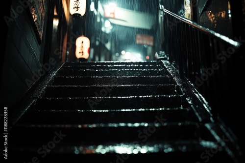 Dark stairway illuminated by dim dramatic lighting photo