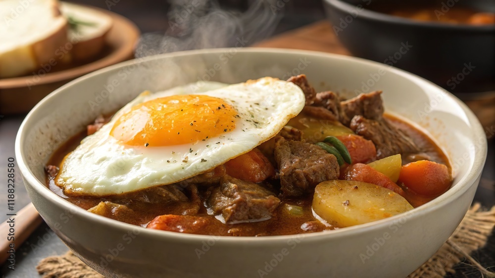 Delicious beef caldereta topped with a fried egg served in a cozy kitchen setting Delicious beef caldereta topped with a fried egg served in a cozy kitchen setting