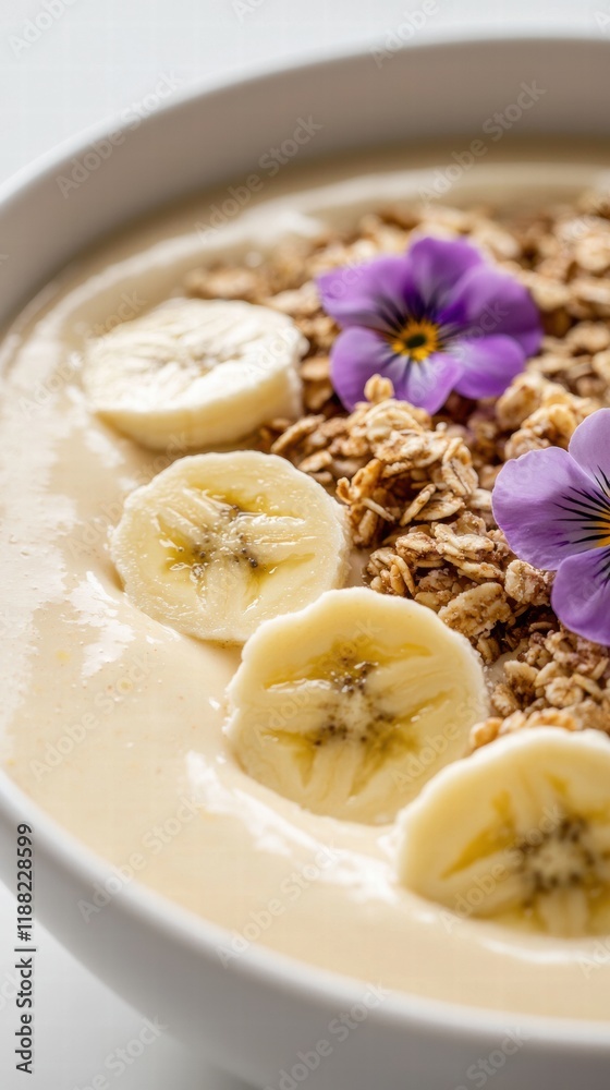 Smoothie bowl with banana granola and edible flowers Smoothie bowl with banana granola and edible flowers
