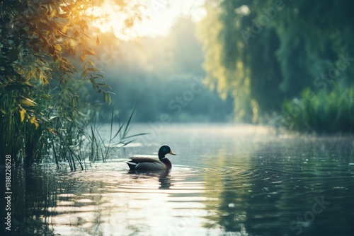 Duck swimming in a calm lake with tree reflections photo